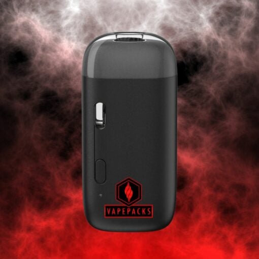 Side view of VapePacks compact rechargeable vape battery with USB port and button