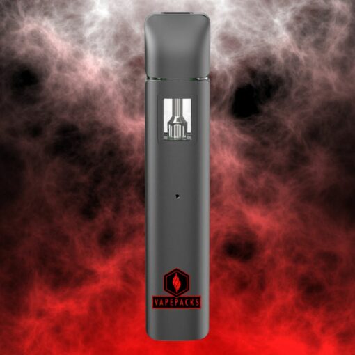 VapePacks slim rechargeable vape battery with viewing window and red smoke background