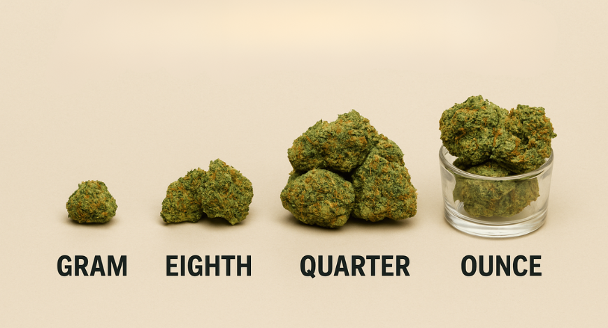 Visual breakdown of weed measurement showing gram-to-ounce comparison, explaining how much is an ounce of weed