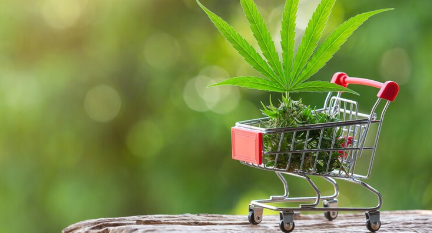 Shopping cart filled with cannabis and a leaf, symbolizing buying online pot in Canada