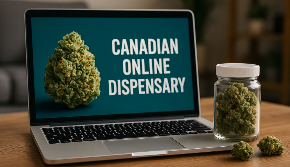 A laptop screen displays “Canadian Online Dispensary” next to a cannabis jar, representing the convenience of buying weed online in Canada