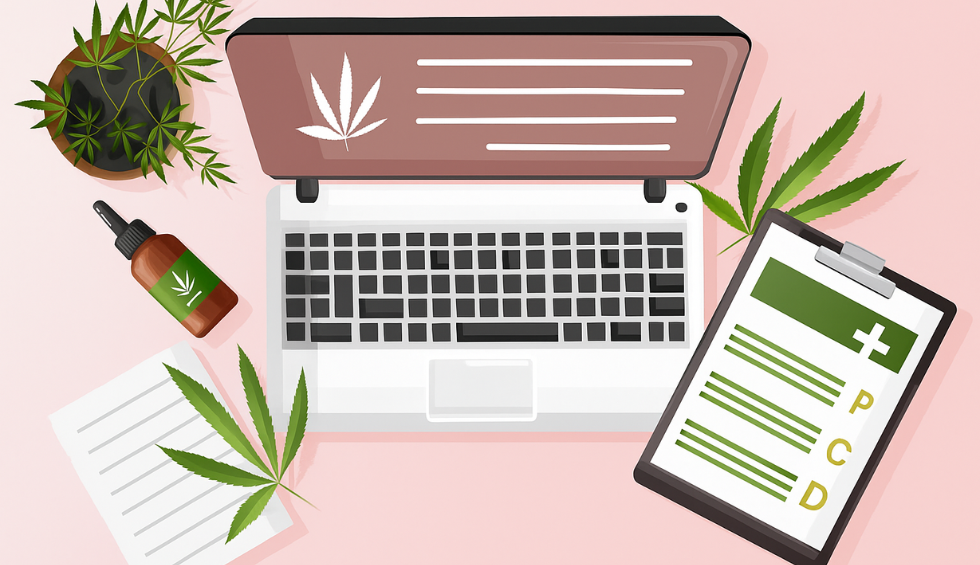Illustration of a laptop with cannabis icons, clipboard, and bottle, representing access to expert knowledge at a Canadian online dispensary