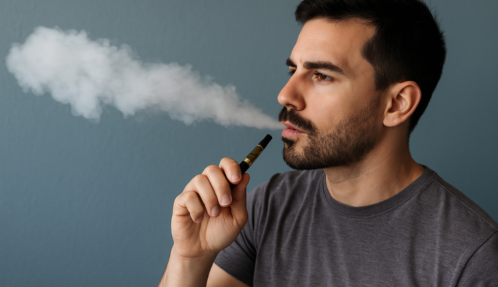 Man exhaling vapor while using a cannabis vape pen, representing the question of whether vaping is a better way to "smoke" cannabis