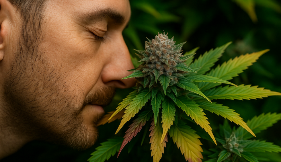 A man smelling a Grease Monkey strain cannabis plant with colorful leaves, highlighting its aroma and flavor profile