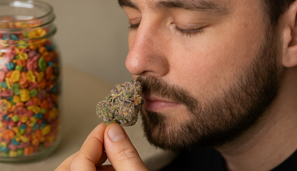 Man smelling Fruity Pebbles weed bud with a jar of colorful cereal in the background, suggesting a sweet aroma profile