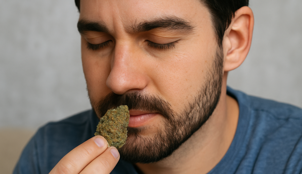 Man smelling cannabis bud to assess its aroma and flavor profile