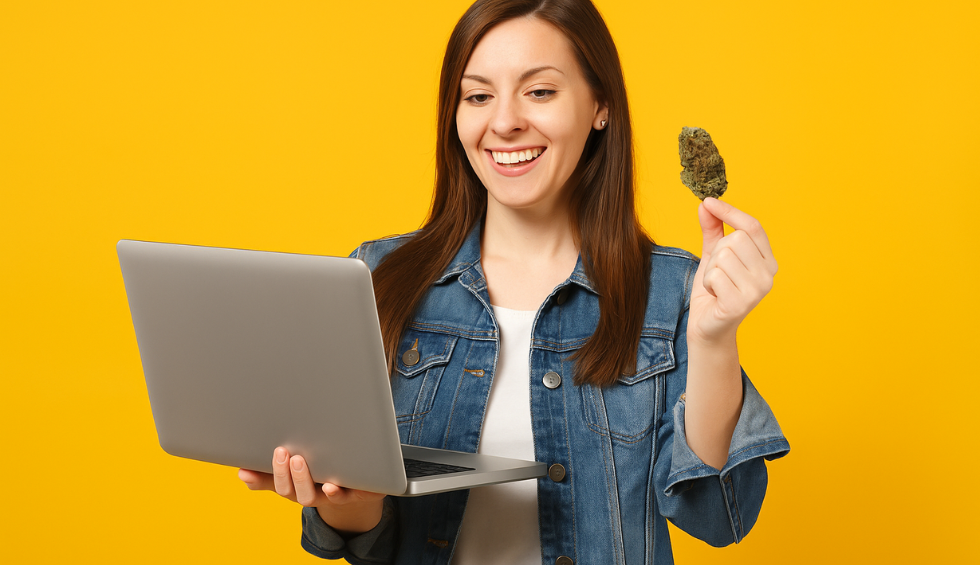 Smiling woman holding cannabis and laptop against a yellow background, representing excitement about buying BC pot online
