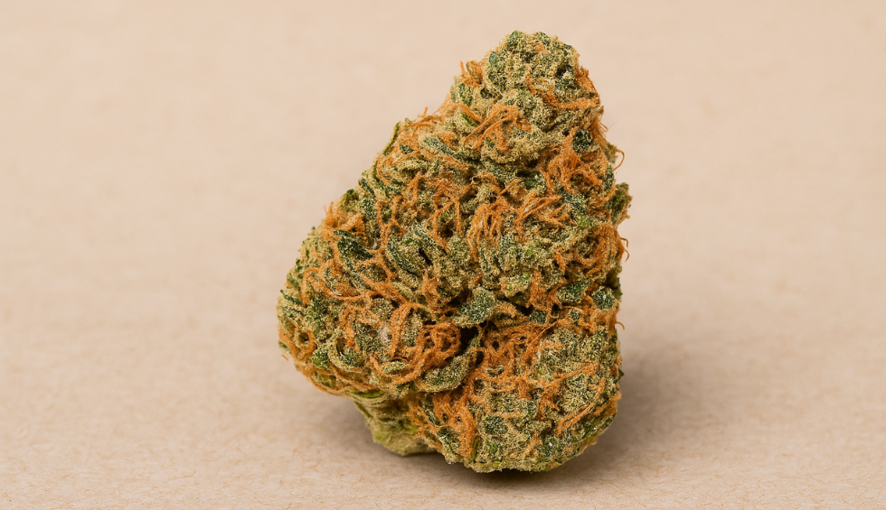 A dense Barbara Bud cannabis flower, showcasing vibrant orange hairs and frosty green trichomes against a beige background