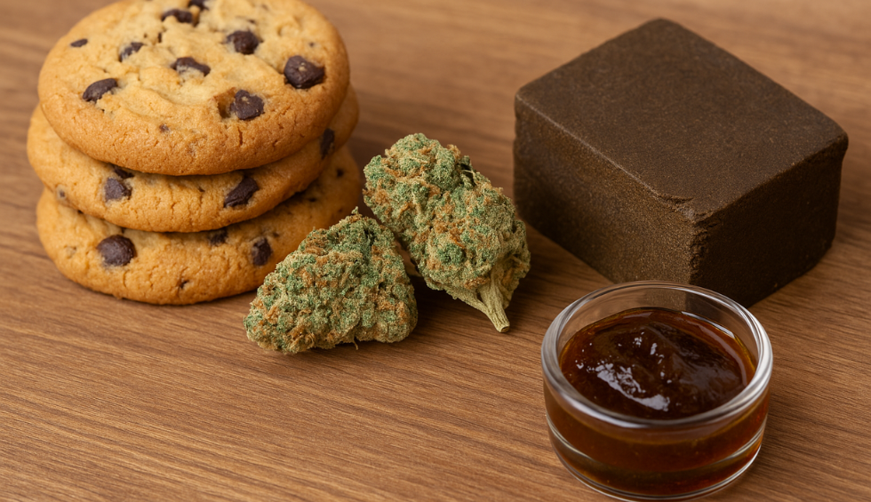 Edibles, cannabis buds, hash, and resin concentrate displayed on a wooden surface for dispensary deals