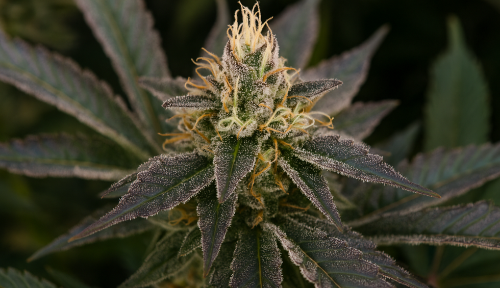 Macro shot of a flowering Biscotti cannabis plant, highlighting its frosty trichomes, deep green leaves, and vibrant orange pistils