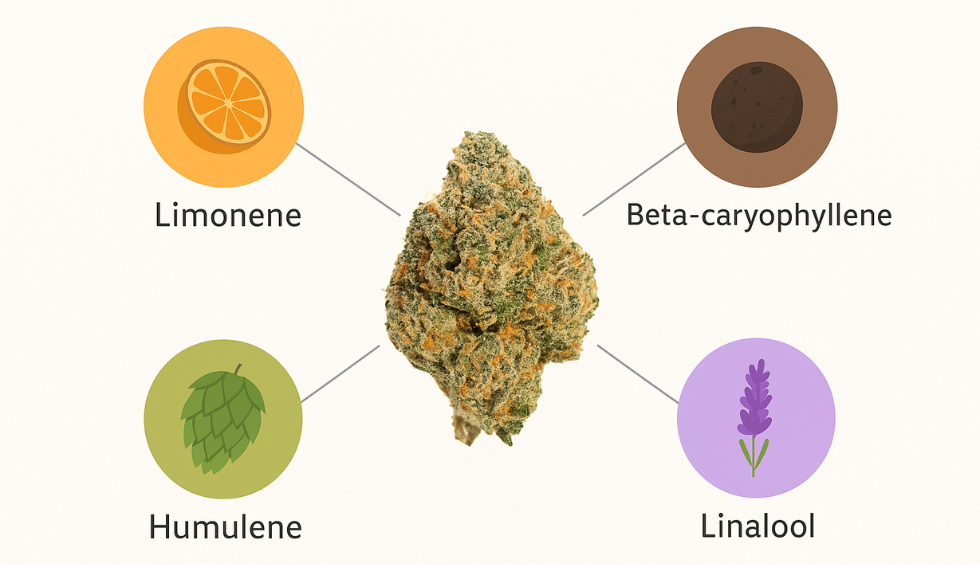 Biscotti strain bud with terpene icons and names: Limonene, Beta-caryophyllene, Linalool, and Humulene