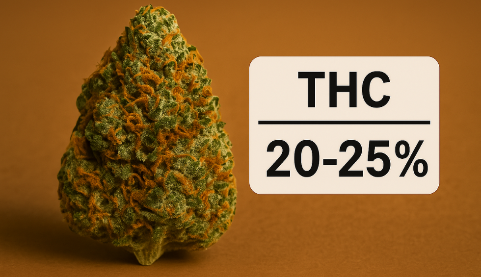 Black Tuna cannabis bud on brown background with THC level label showing 20–25% potency