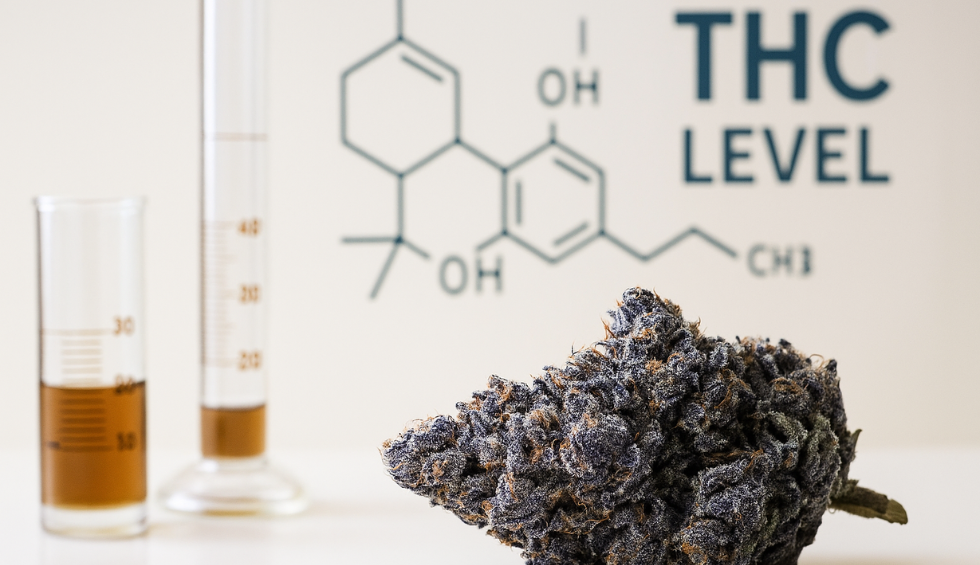 Blue Coma cannabis bud with lab beakers and THC chemical formula in the background