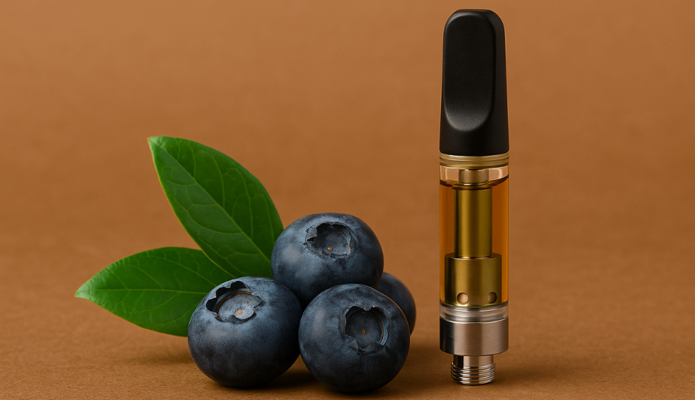 Blueberry vape cartridge with golden cannabis oil beside fresh blueberries and green leaves on a brown background