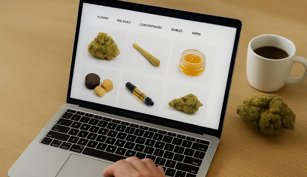 A person browsing cannabis categories like flower, pre-rolls, concentrates, edibles, and vapes on a laptop