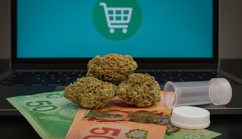Cannabis buds placed on Canadian currency in front of a laptop screen, representing buying BC Bud online in Canada