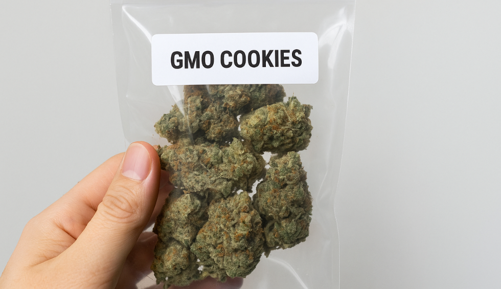 Hand holding a sealed bag labeled GMO Cookies with cannabis buds inside, ready for online purchase