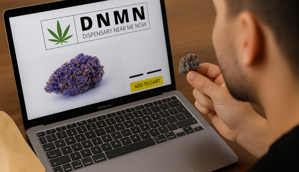 Person shopping for Blue Coma strain on a cannabis dispensary website while holding a bud