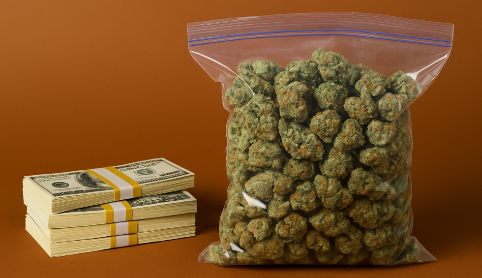 A large plastic bag filled with a pound of bud sits next to stacks of U.S. cash, representing bulk cannabis buying and budget deals