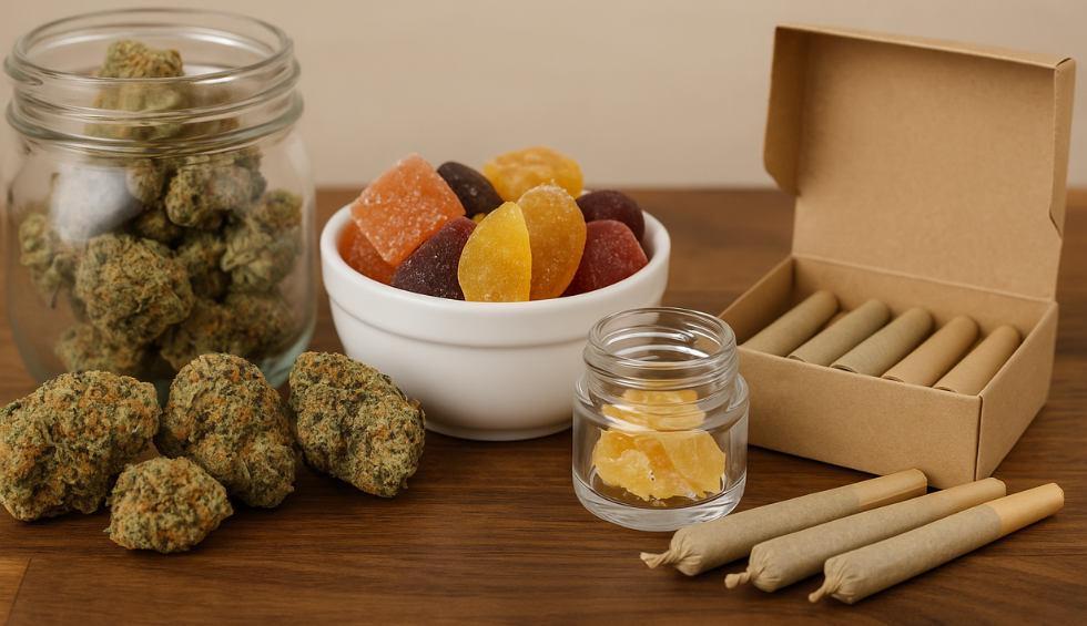 Various cannabis wholesale products on display, including flower buds, pre-rolls, edibles, and concentrates in jars and packaging