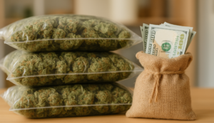 Three vacuum-sealed bags of cannabis stacked beside a burlap sack filled with U.S. dollar bills, representing cannabis wholesale