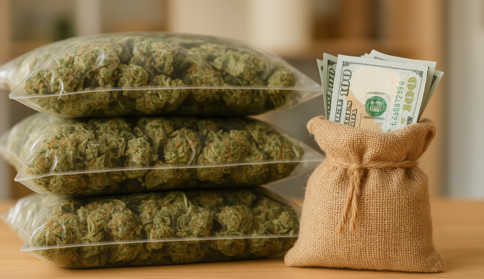 Three vacuum-sealed bags of cannabis stacked beside a burlap sack filled with U.S. dollar bills, representing cannabis wholesale