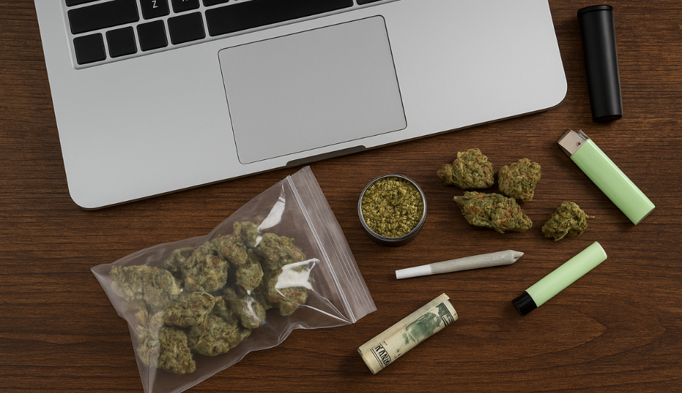 A laptop on a wooden table with cannabis buds, a grinder, rolled joint, and lighter beside it
