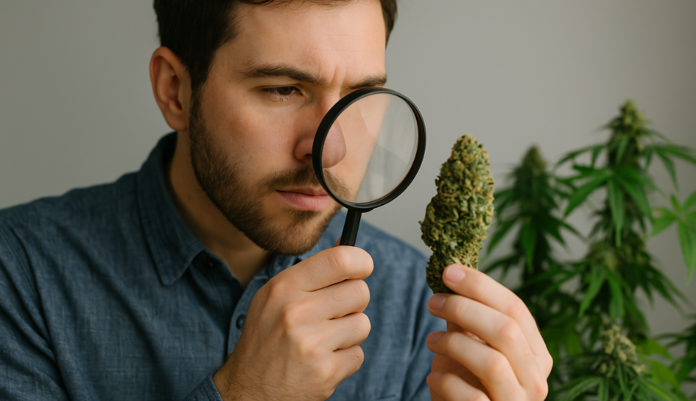 Man closely inspecting a cannabis bud with a magnifying glass to check for quality assurance