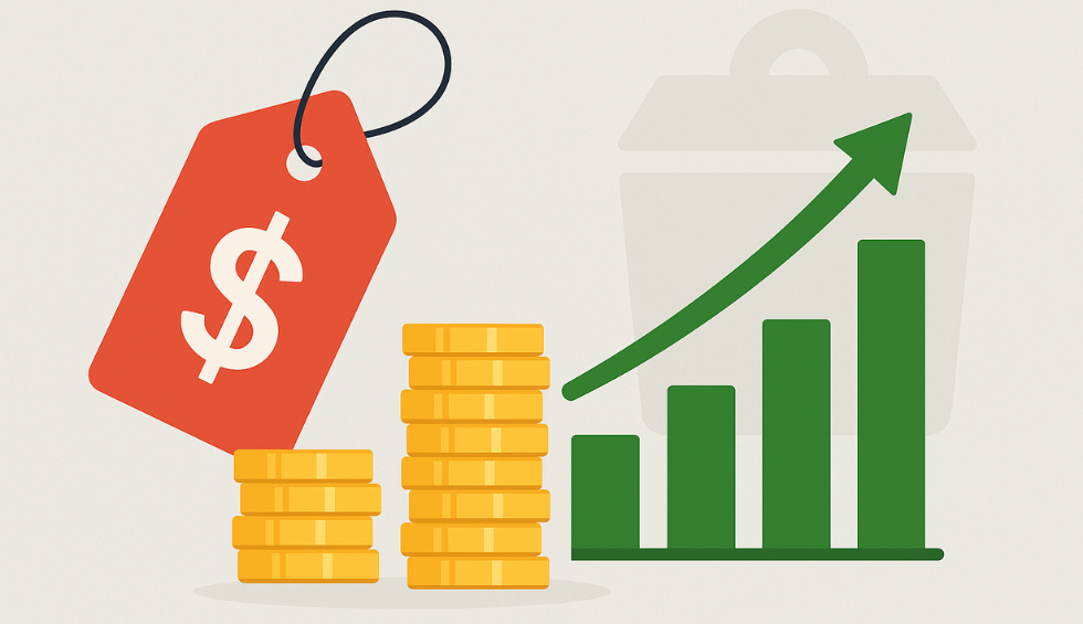 Stacks of coins with a price tag and upward graph, symbolizing competitive pricing when you order pot online in Canada