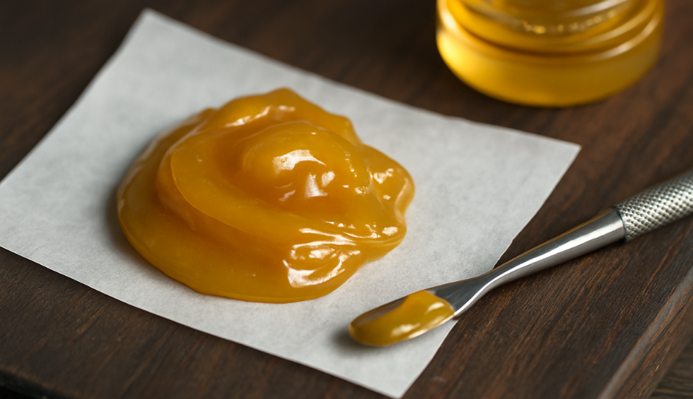 Golden cannabis concentrate displayed on parchment paper with a metal dab tool, placed on a wooden surface