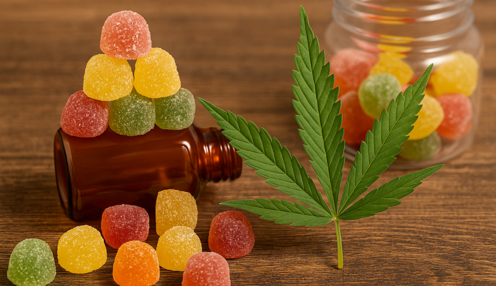 Assorted cannabis gummies and a cannabis leaf displayed on a wooden table next to tipped and sealed jars