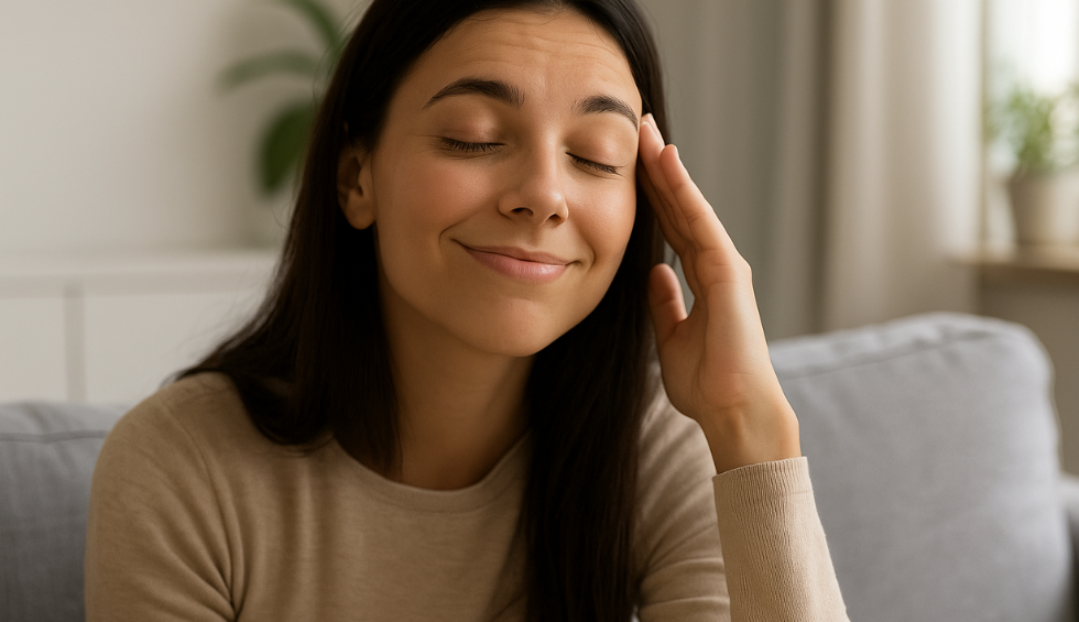 Relaxed woman with eyes closed and a gentle smile, suggesting calming and uplifting effects of Fruity Pebbles weed