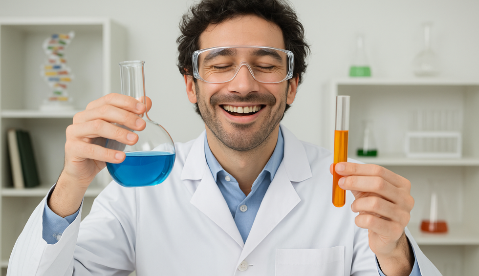 A smiling scientist in a lab coat holds colorful beakers, capturing the joy of experimentation and scientific discovery