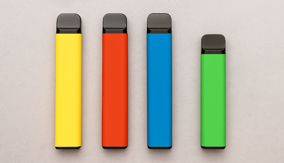 Four colorful disposable vape pens arranged in a row, representing the best high THC vape products available in Canada
