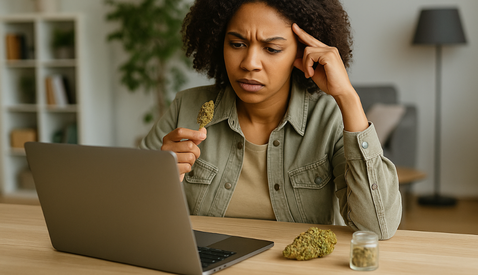 Woman examining cannabis while looking at her laptop, evaluating an online pot shop with a thoughtful expression