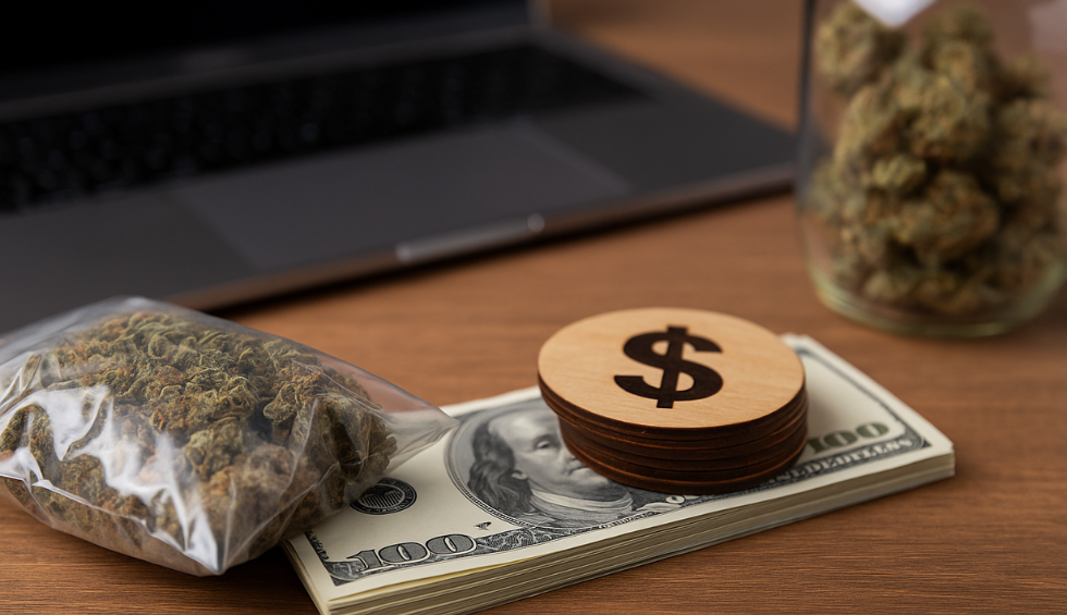 Bag of cannabis and stack of cash with a dollar sign token on a desk, symbolizing the cost-effectiveness of buying wholesale weed