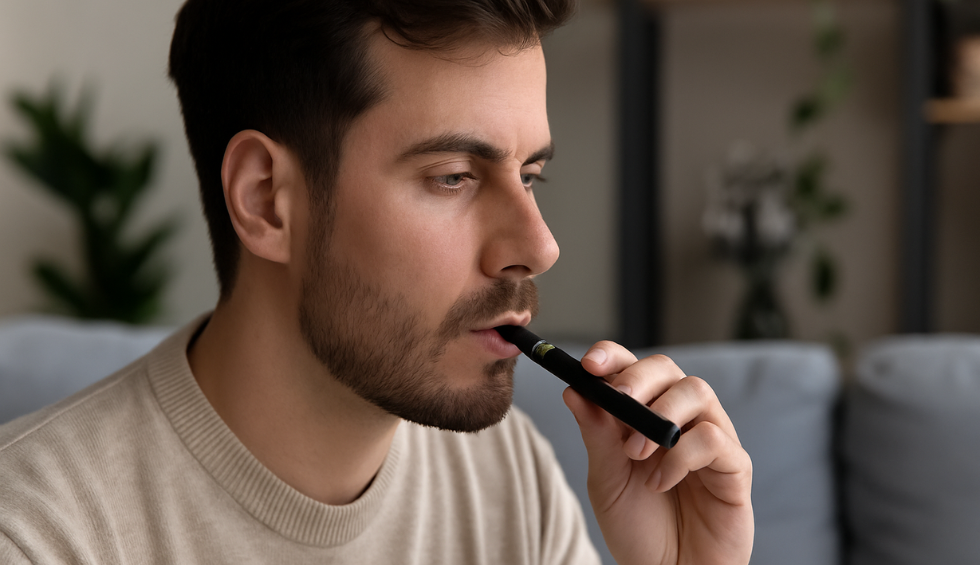 Man taking a gentle puff from a weed vape pen, reflecting the advice to start slow and go slow with cannabis use