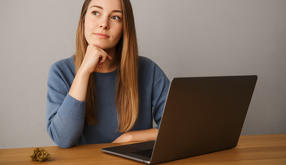Young woman sitting at a desk with a laptop, thoughtfully looking up with a cannabis bud nearby—considering dispensary options
