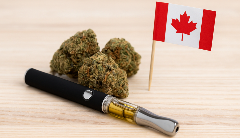 Weed vape pen in Canada placed beside cannabis buds and a Canadian flag, illustrating THC use for beginners