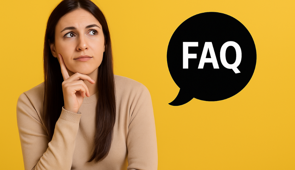 Thoughtful woman looking up with a FAQ speech bubble on a yellow background, representing frequently asked questions
