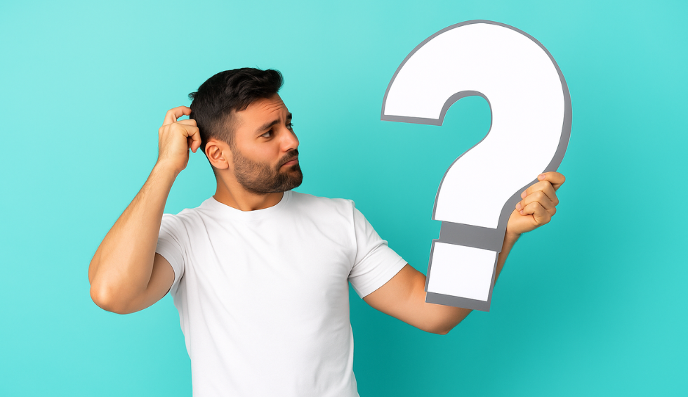 Confused man scratching his head while holding a large question mark, representing frequently asked questions or general inquiries