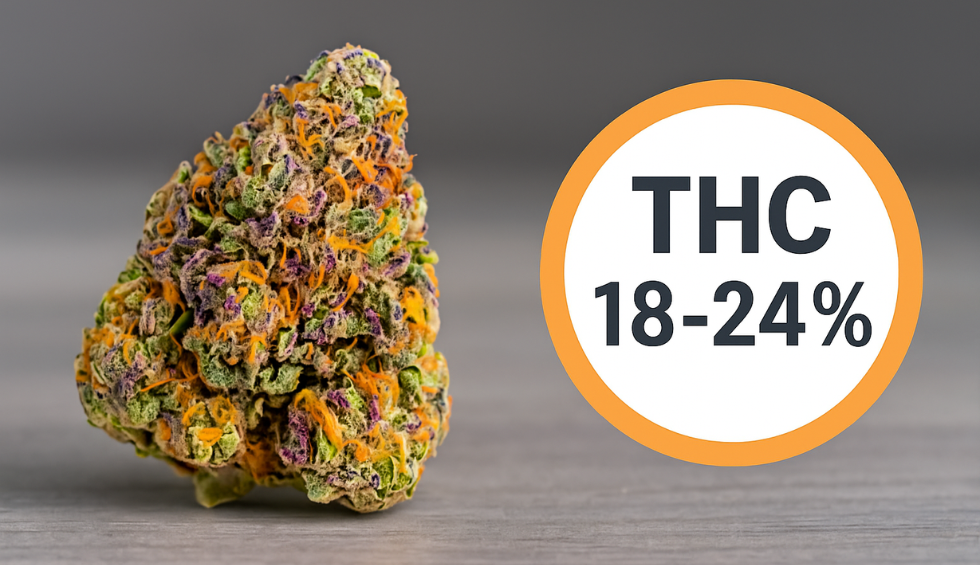 Fruity Pebbles strain bud next to a THC level label showing 18–24% on a gray background