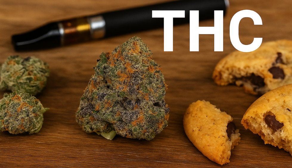 GMO Cookies cannabis bud with vape pen and cookies in background, highlighting THC content