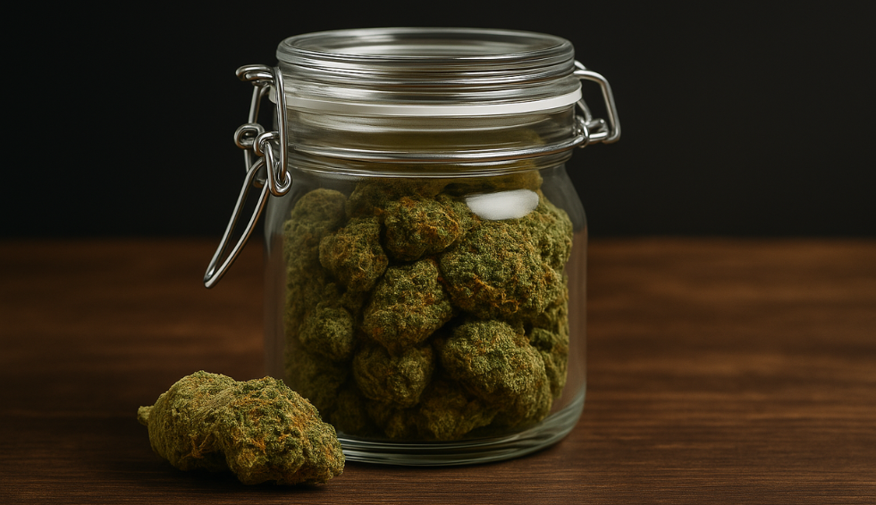 Glass jar filled with Black Tuna cannabis buds on a wooden surface, emphasizing the freshness and appeal of buying Black Tuna today