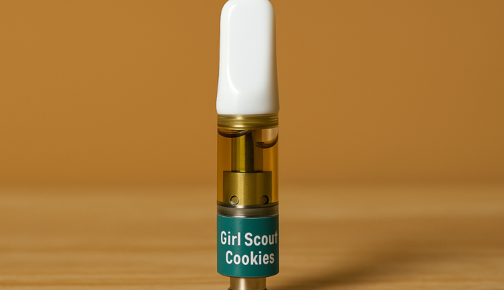 A Girl Scout Cookies vape cartridge filled with golden cannabis oil, labeled and standing upright on a wooden surface