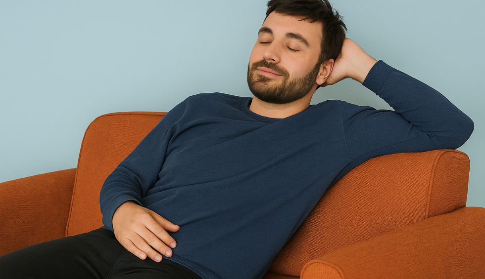 A relaxed man lounging on an orange sofa with eyes closed, representing the calming effects of Grease Monkey strain