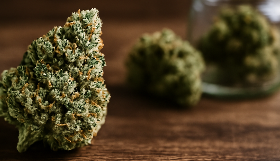 Grease Monkey cannabis bud on wooden surface with more buds blurred in the background
