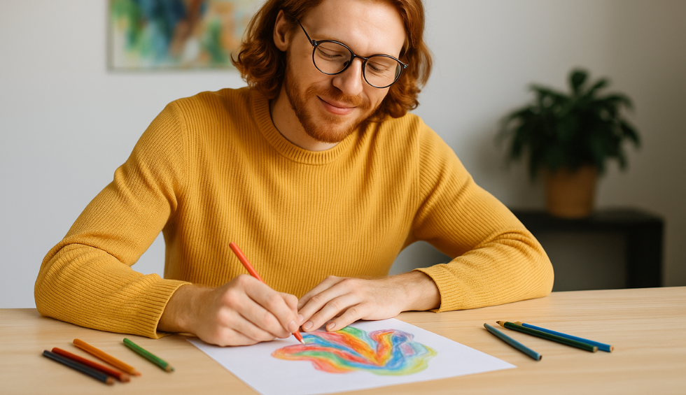 Person smiling while drawing colorful art, showing the creative boost and uplifting effects of Sativa weed