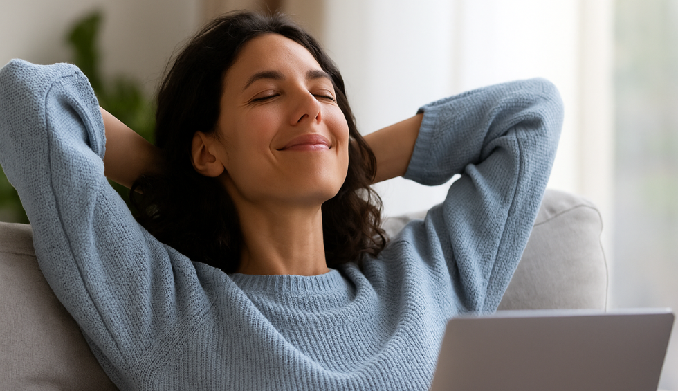 A relaxed woman smiling with eyes closed, enjoying a calming high — “Highs Don’t Last Forever, But the Experience Can Be Great