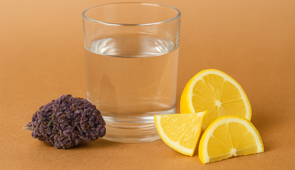 Purple cannabis bud, a glass of water, and lemon slices on a brown surface representing ways to sober up